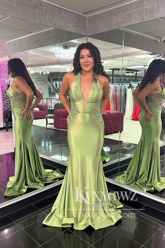 Chic Mermaid V Neck Evening Gown Satin Long Prom Dress Gown with Appliques LF1230