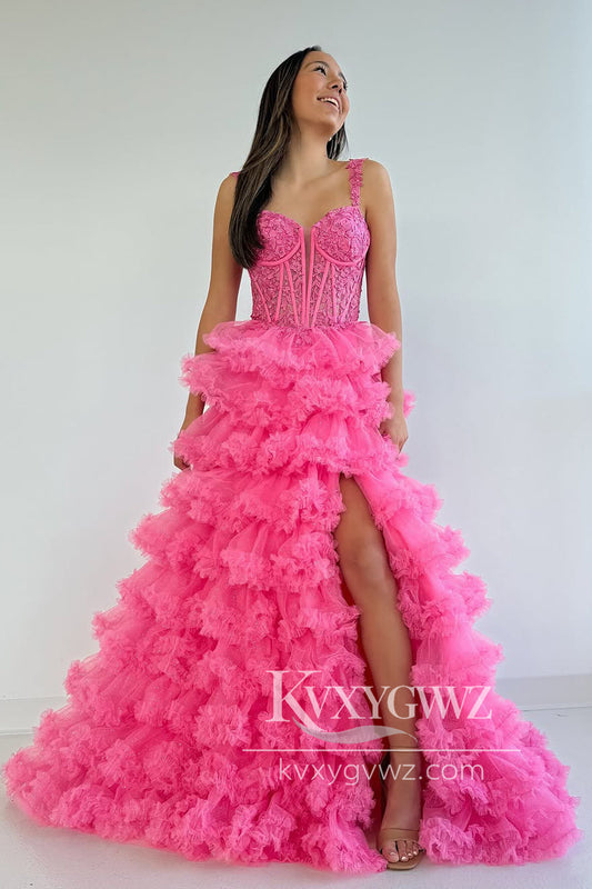 Dazzling Ball Gown Sweetheart Evening Gown Pink Tiered Tulle Prom Dress with Appliques LF1231