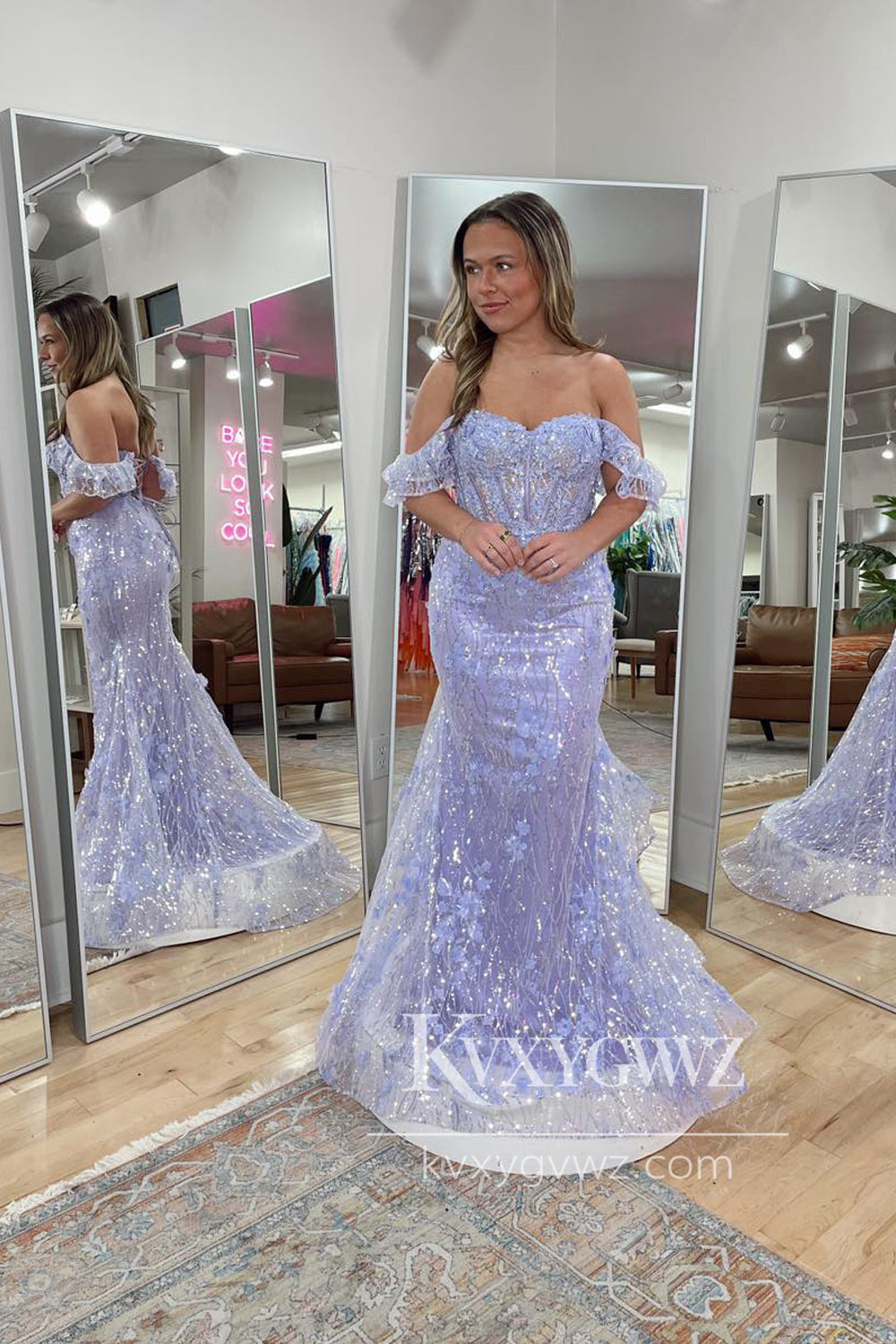 Mermaid Off the Shoulder Evening Gown Lavender Sequin Lace Prom Dress LF1237