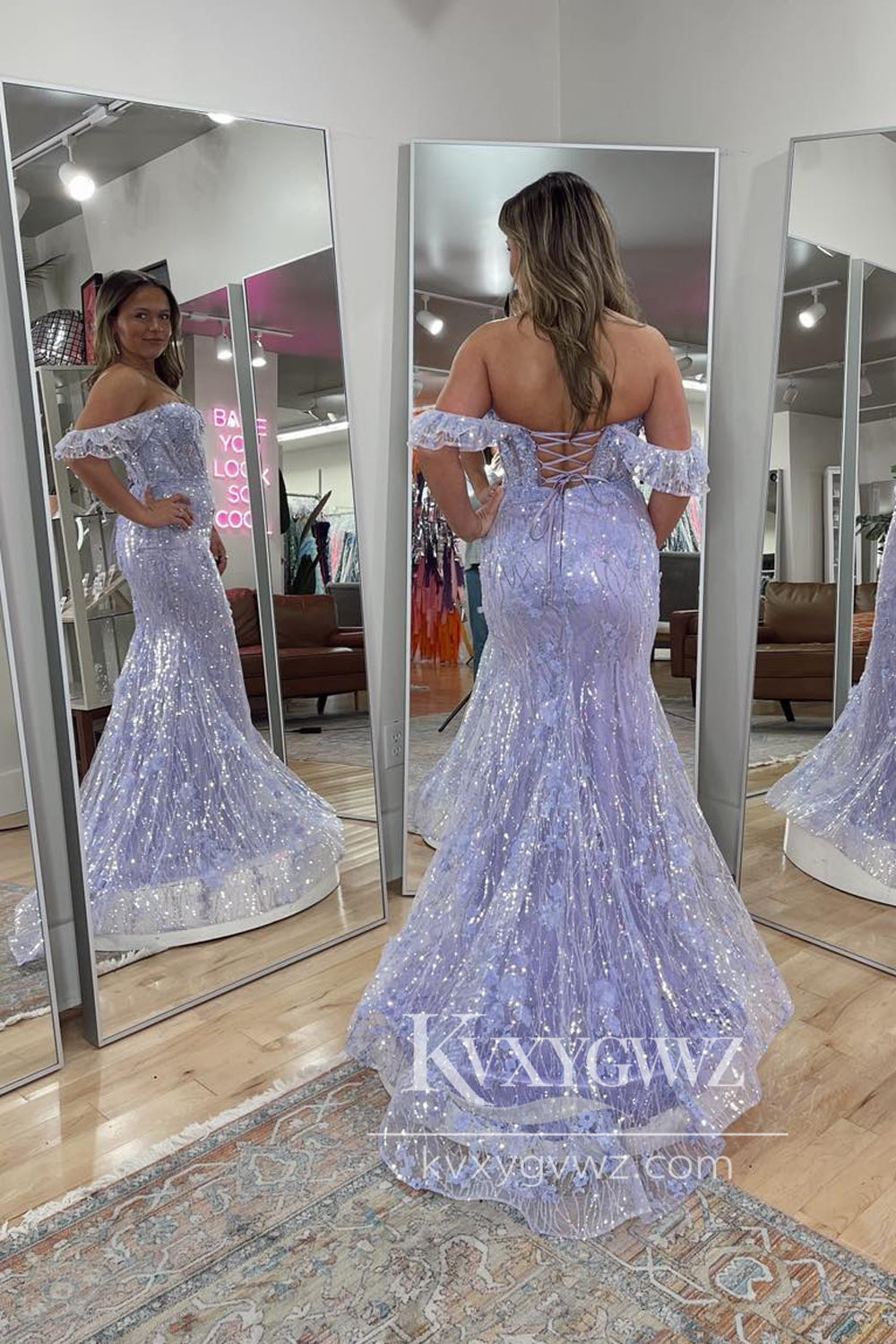 Mermaid Off the Shoulder Evening Gown Lavender Sequin Lace Prom Dress LF1237