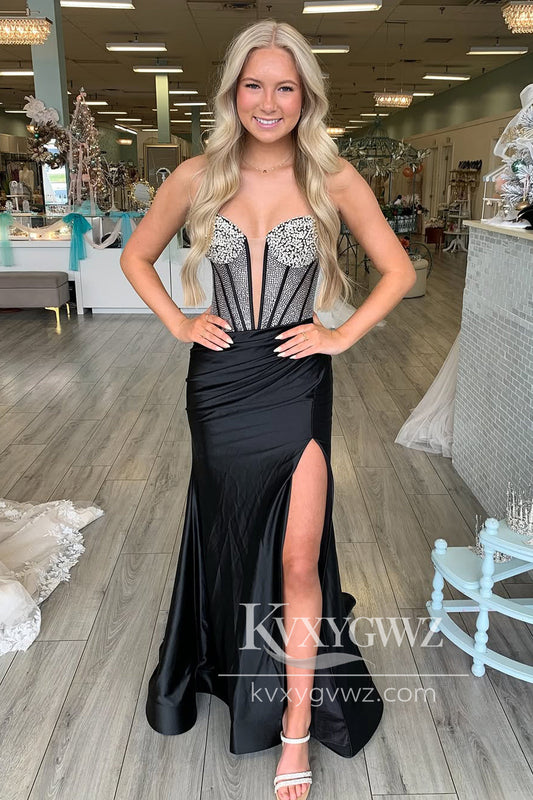 Elegant Mermaid Sweetheart Evening Gown Black Satin Long Prom Dress with Beading LF1239