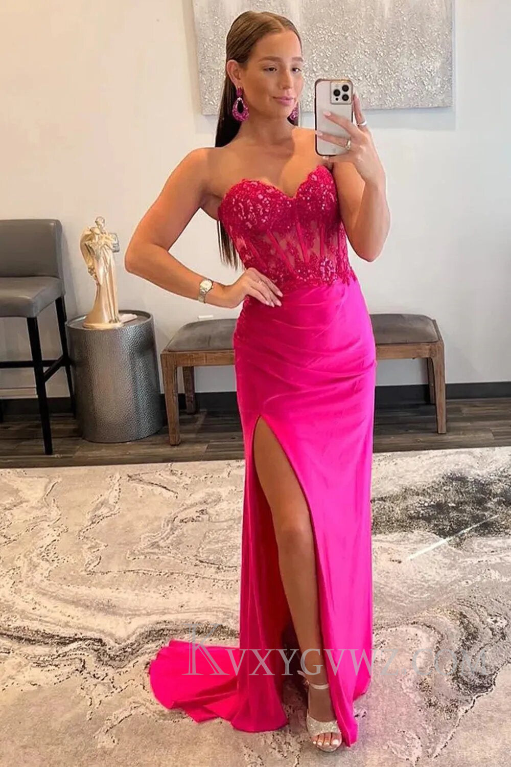 Sparkly Hot Pink Corset Long Sheath Prom Dress with Slit LF124