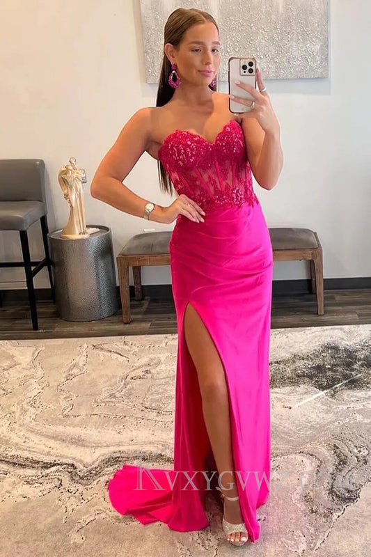 Sparkly Hot Pink Corset Long Sheath Prom Dress with Slit LF124
