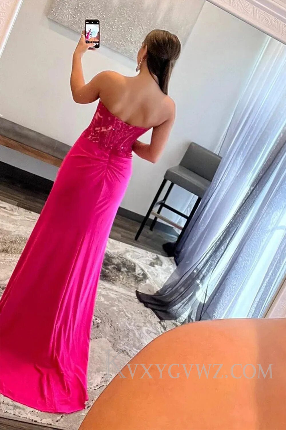 Sparkly Hot Pink Corset Long Sheath Prom Dress with Slit LF124