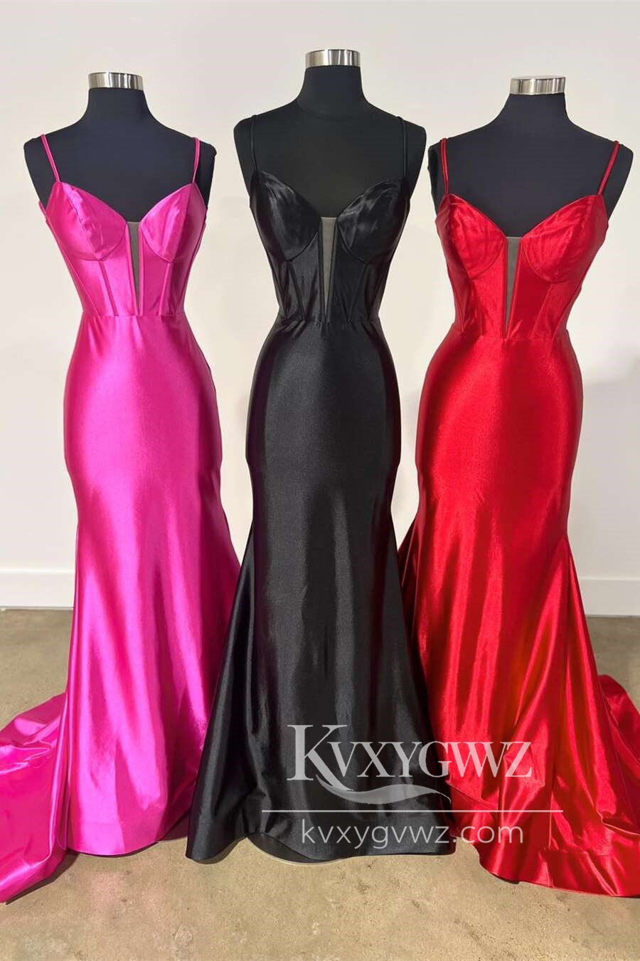 Glamorous Fuchsia Evening Gown Mermaid V-Neck Satin Long Prom Dress LF1241