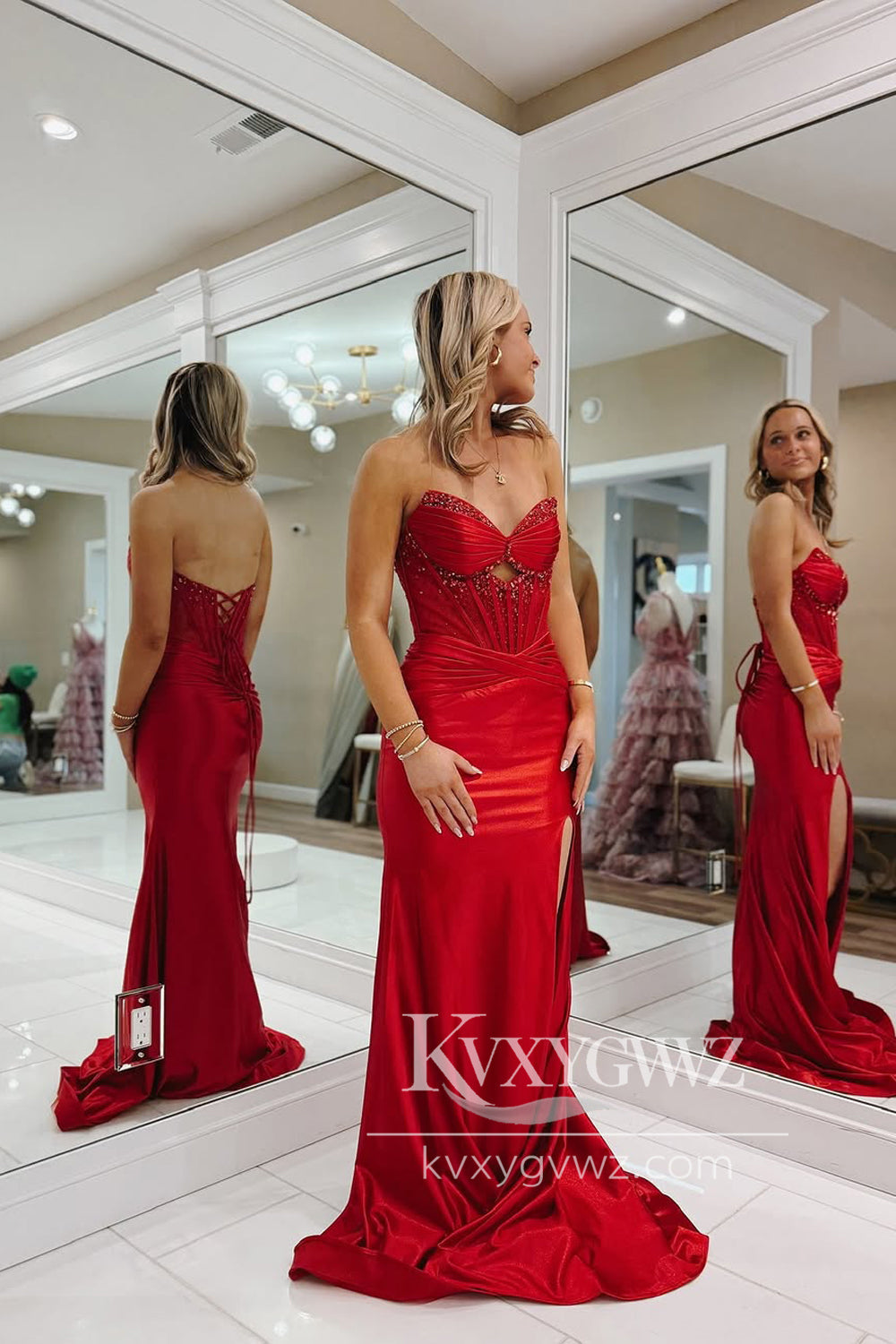 Mermaid Strapless Keyhole Evening Gown Red Satin Long Prom Dress with Slit LF1242
