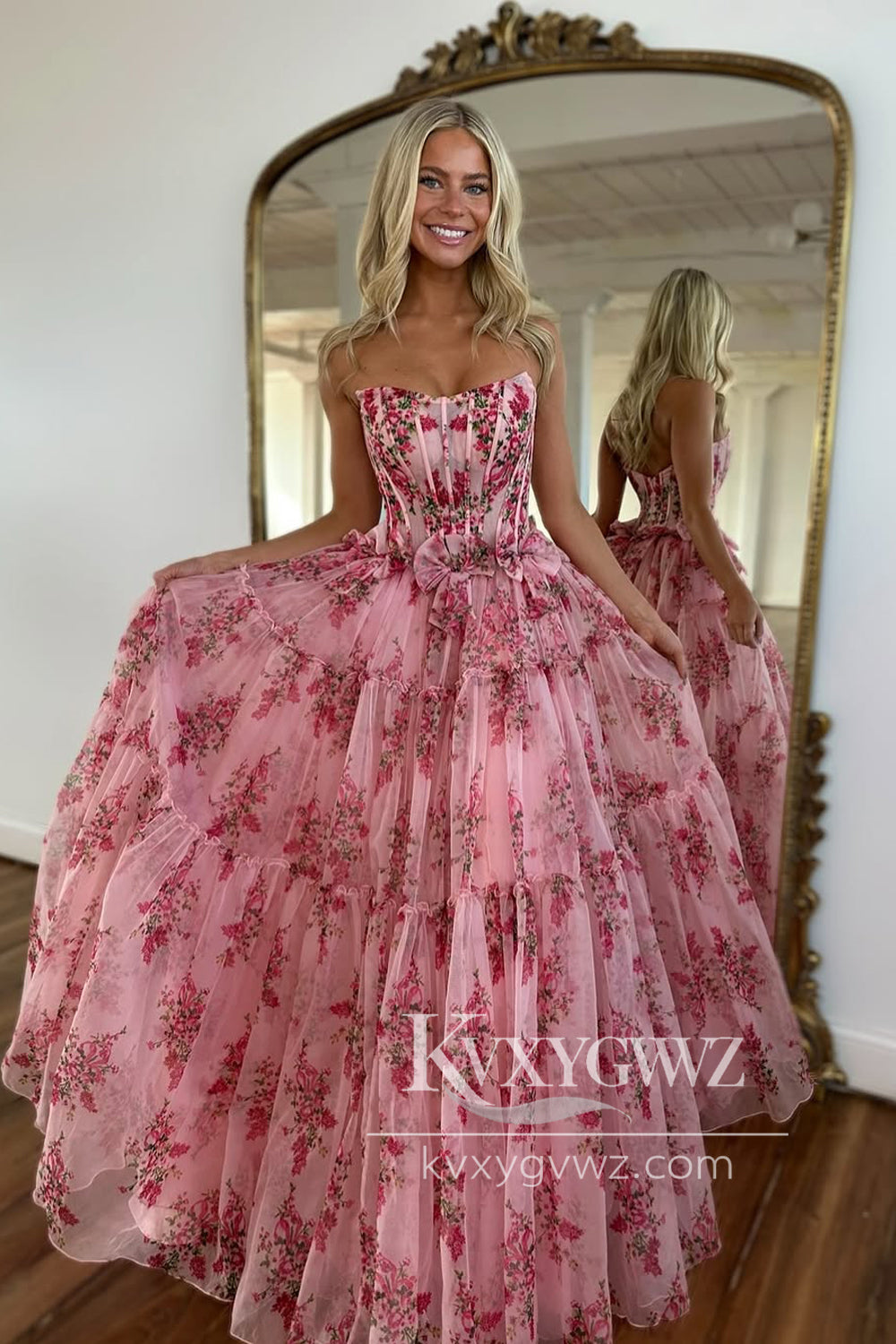 A-Line Strapless Evening Gown Pink Floral Printed Long Prom Dress with Bowknot LF1243