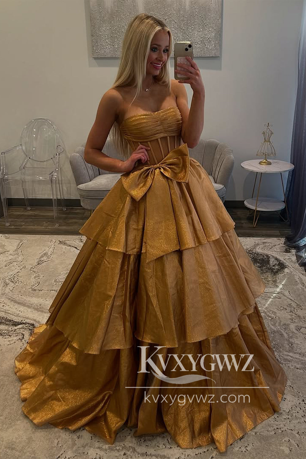 Ball Gown Strapless Evening Gown Light Blue Organza Tiered Long Prom Dress with Bow LF1244