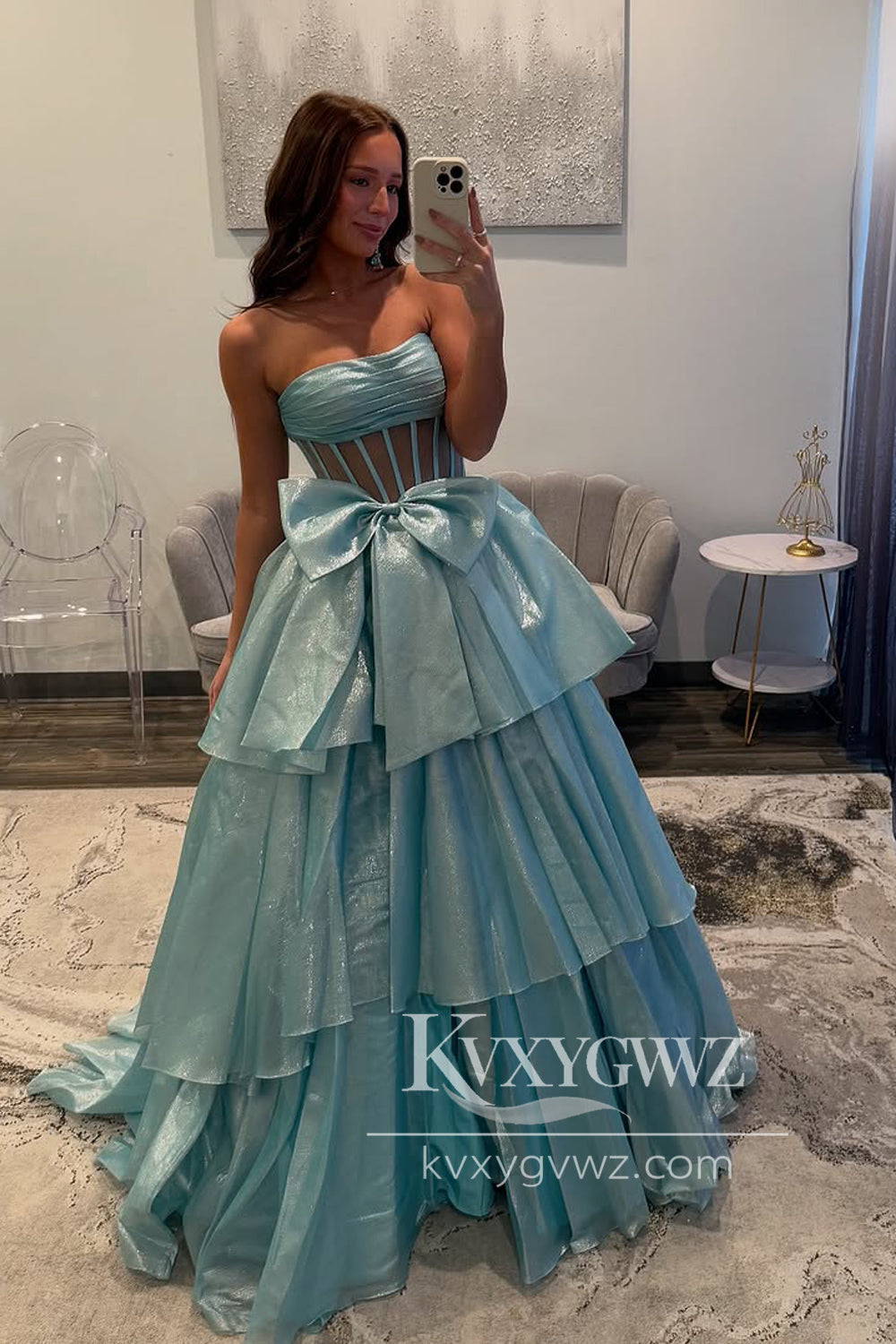 Ball Gown Strapless Evening Gown Light Blue Organza Tiered Long Prom Dress with Bow LF1244