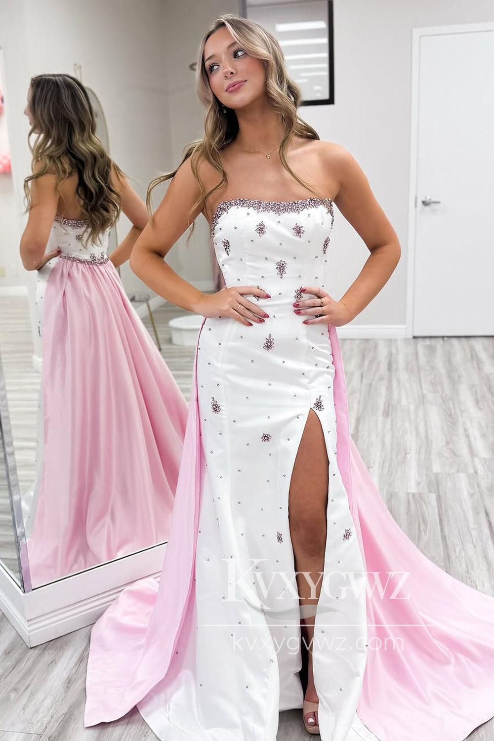 Mermaid Strapless Evening Gown White Satin Long Prom Dress with Pink Train LF1245
