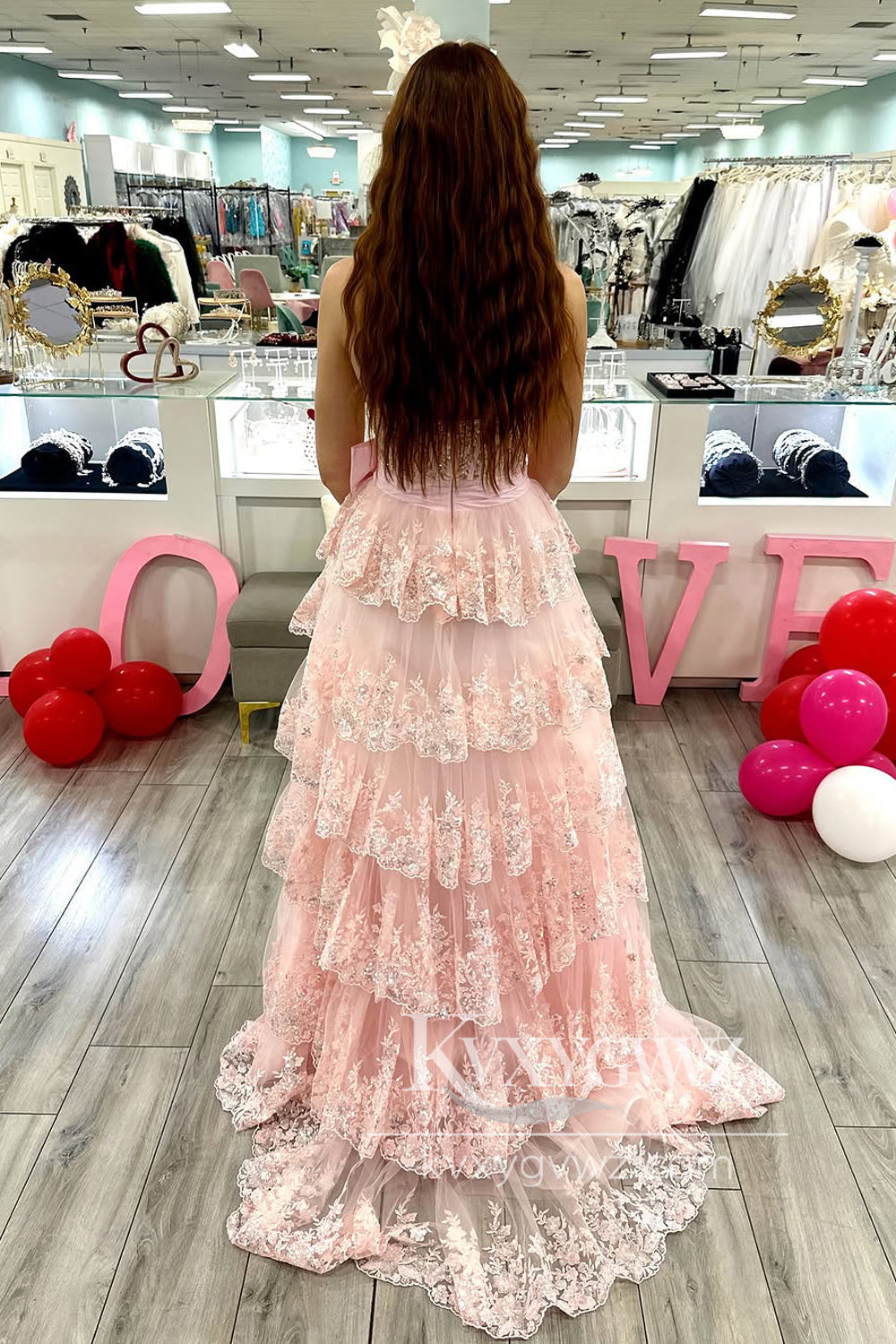 A-Line Sweetheart Evening Gown Pink Sequin Lace Ruffle Tiered Long Prom Dress with Bowknot LF1246