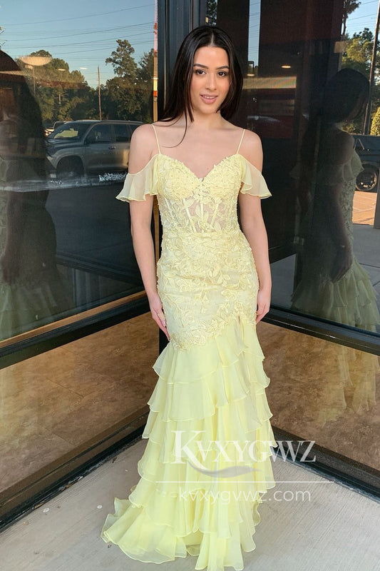 Stunning Mermaid Spaghetti Strap Evening Gown Off the Shoulder Chiffon Tiered Prom Dress with Appliques LF1248