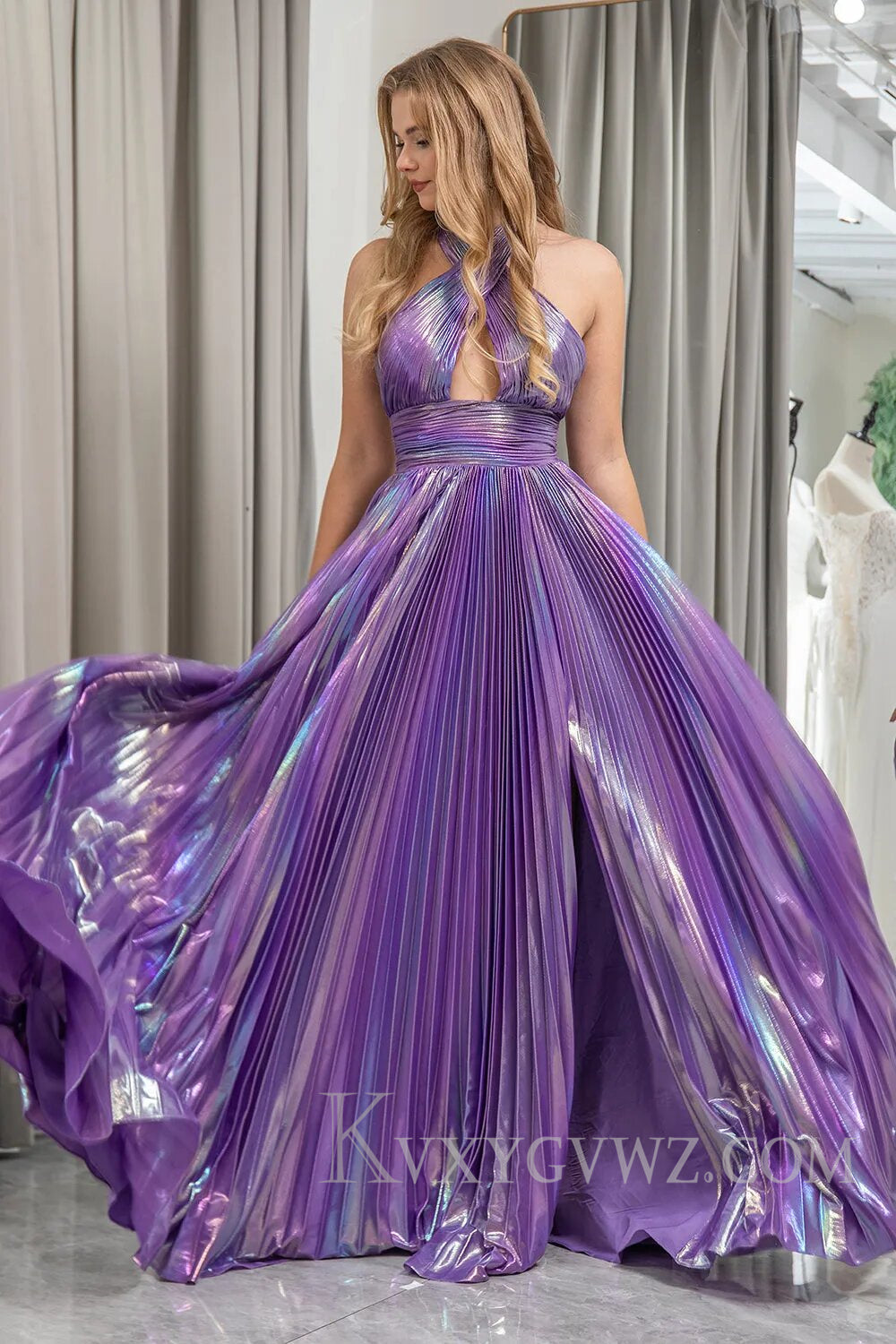 Dark Purple A Line Backless Long Prom Dress With Side Slit LF125