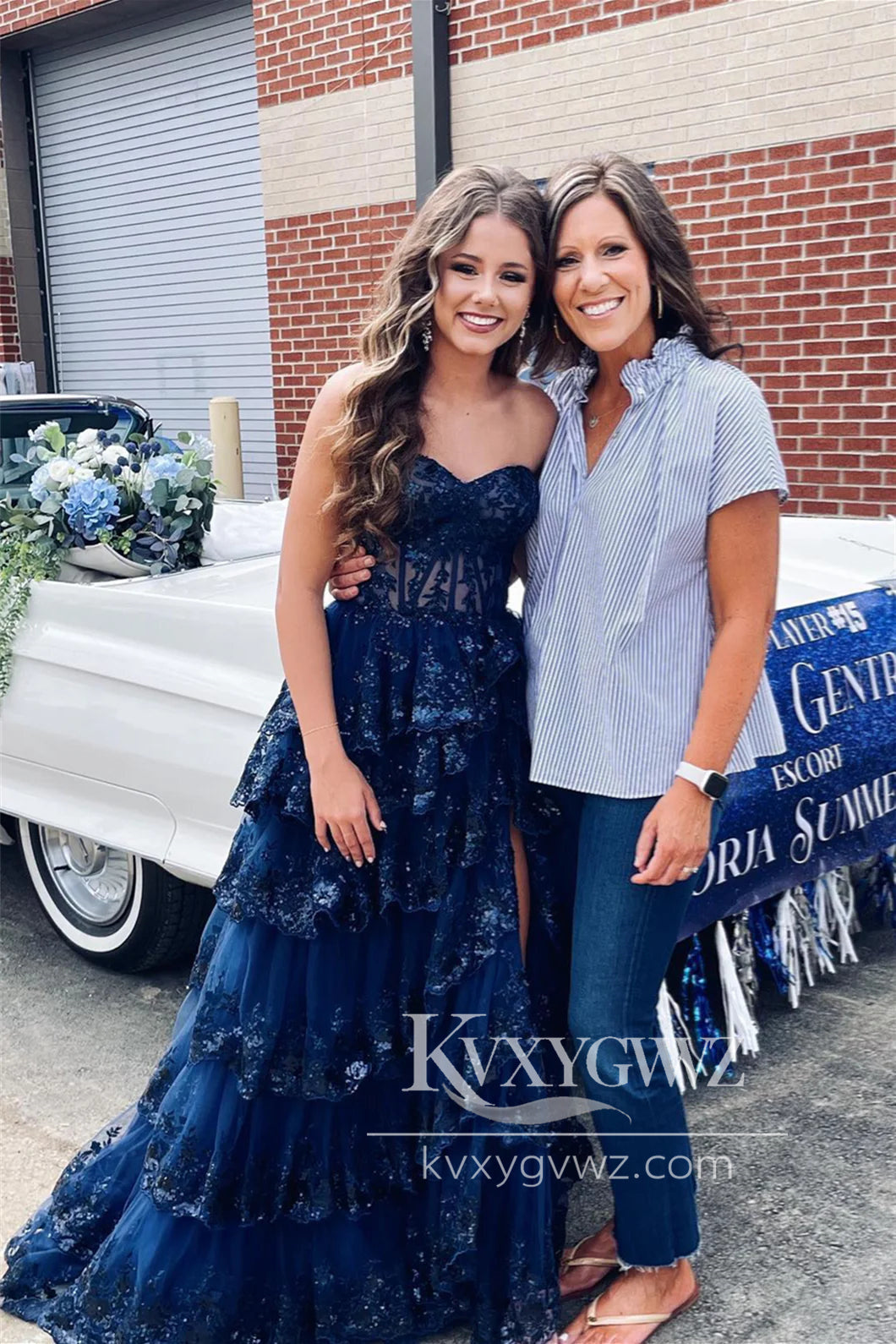 A Line Off the Shoulder Evening Gown Navy Blue Sequins Tiered Slit Prom Dress LF1250
