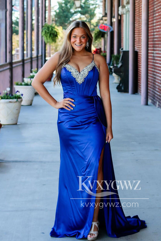 Stunning Mermaid V Neck Royal Evening Gown Blue Satin Slit Prom Dress with Beading LF1252