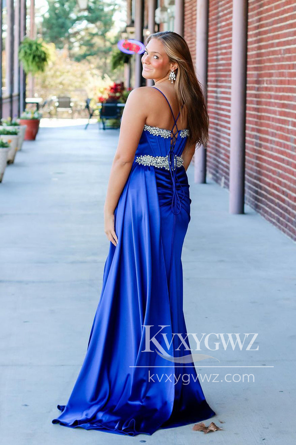 Stunning Mermaid V Neck Royal Evening Gown Blue Satin Slit Prom Dress with Beading LF1252
