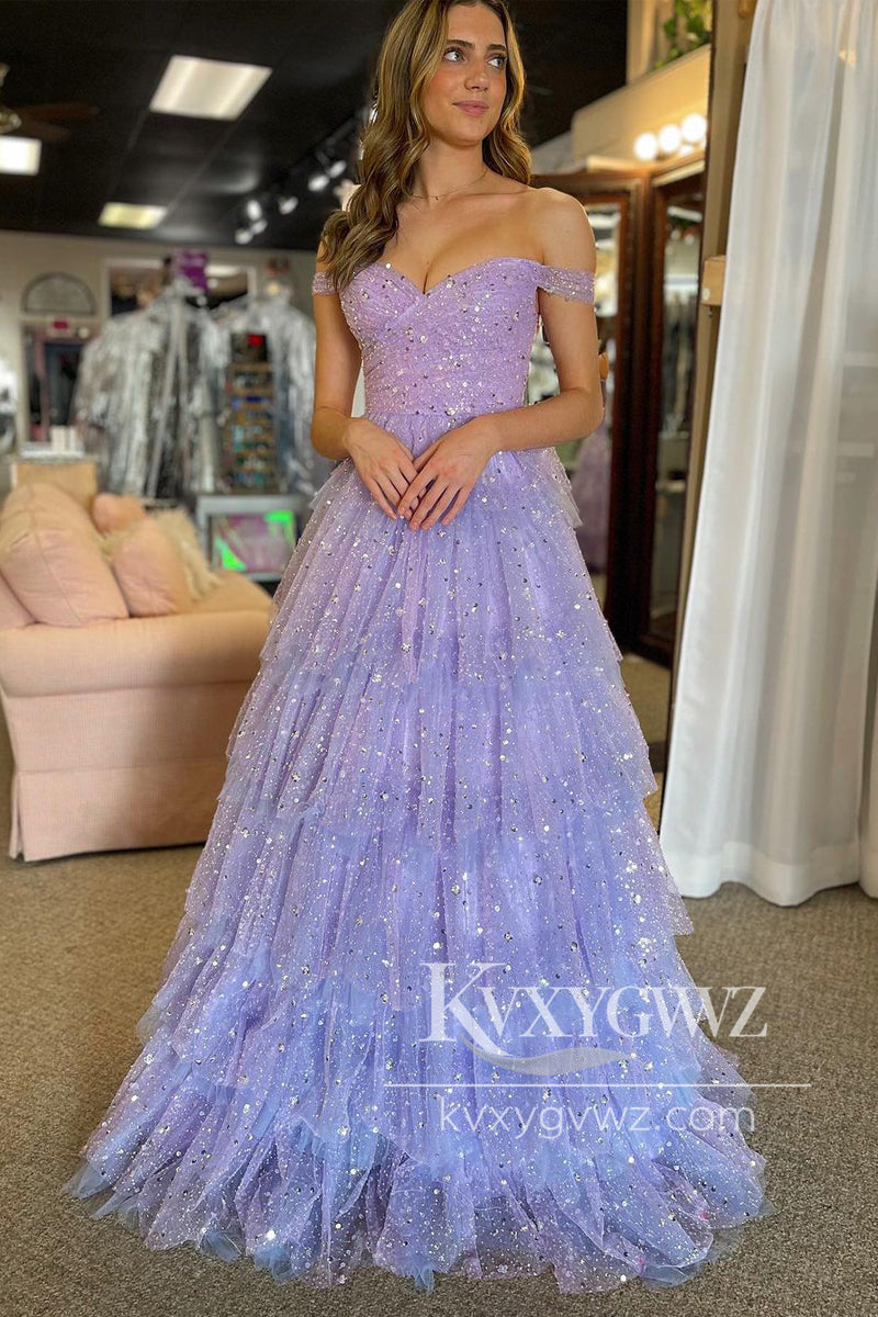 Stunning A-Line Off Shoulder Evening Gown Light Purple Tiered Tulle Long Prom Dress LF1253