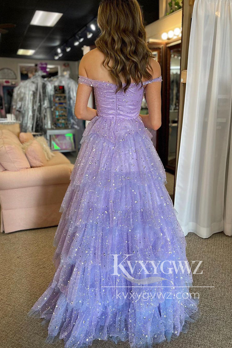 Stunning A-Line Off Shoulder Evening Gown Light Purple Tiered Tulle Long Prom Dress LF1253
