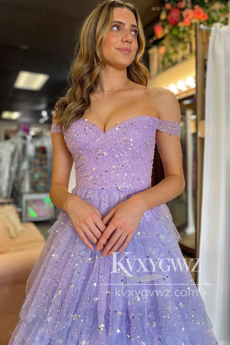 Stunning A-Line Off Shoulder Evening Gown Light Purple Tiered Tulle Long Prom Dress LF1253