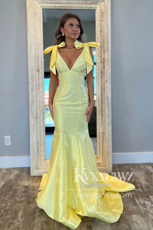 Dazzling Mermaid V Neck Evening Gown Daffodial Glitter Prom Dress with Bow LF1255