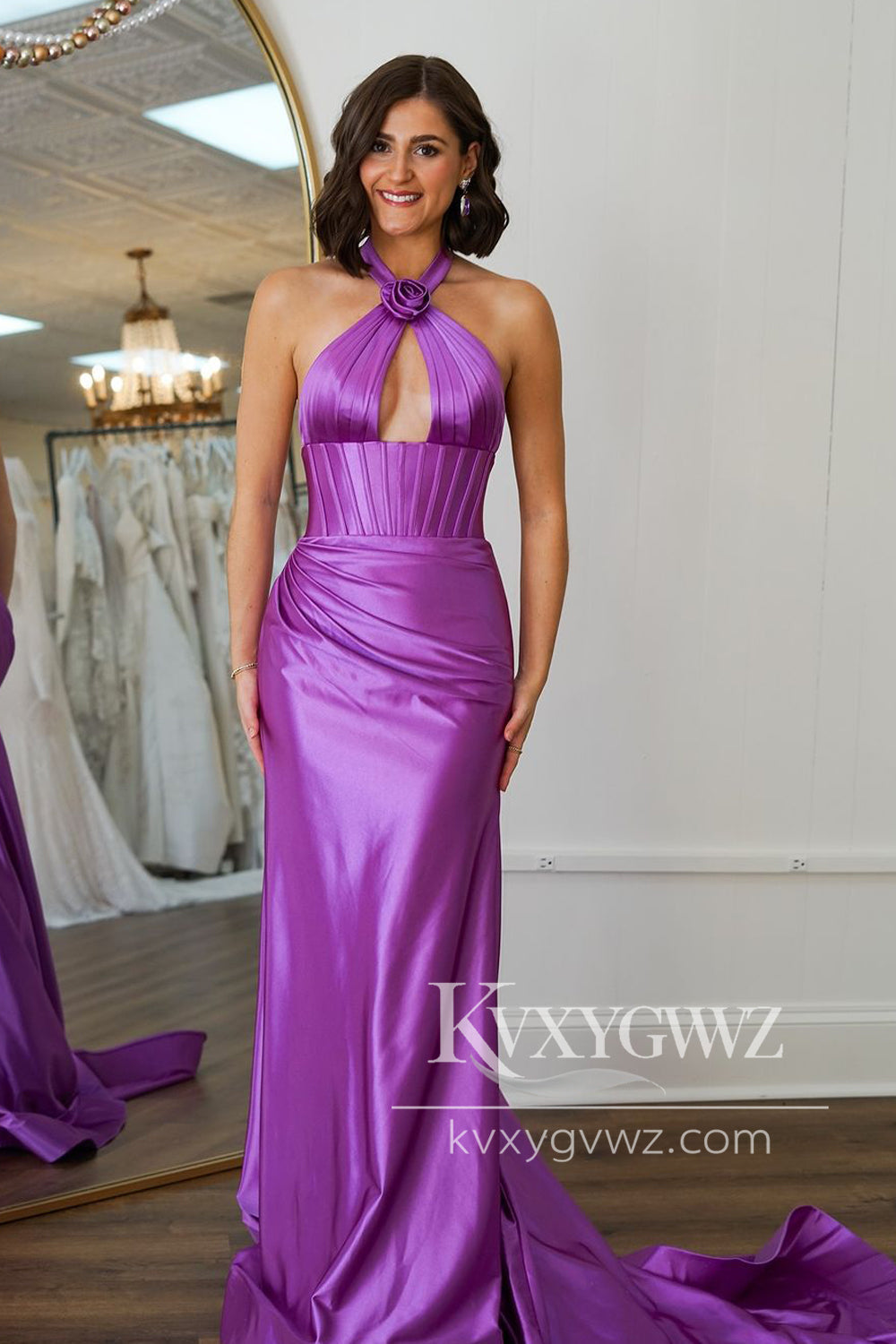 Chic Mermaid Evening Gown Halter Purple Satin Long Prom Dress With Slit LF1256