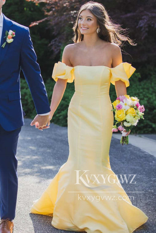 Glamorous Mermaid Strapless Yellow Satin Prom Dress Gown with Bow LF1257