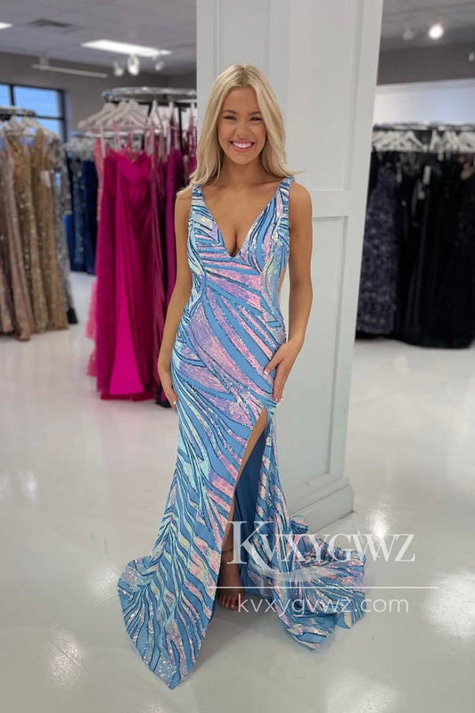 Stunning Mermaid Evening Gown V Neck Blue Sequins Lace Slit Prom Dress LF1258