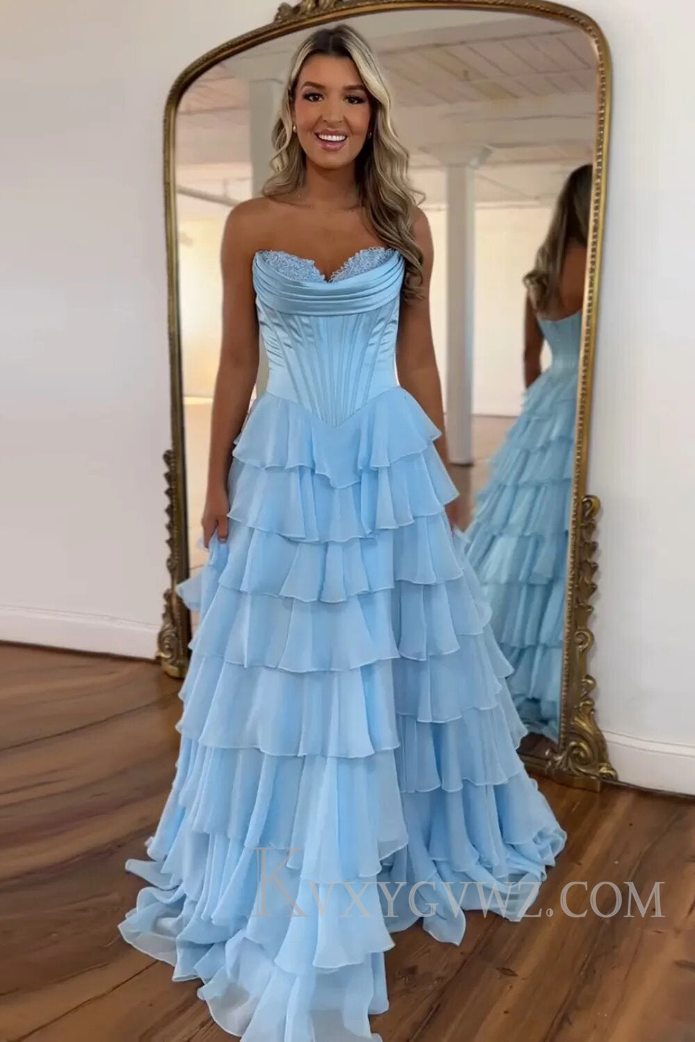A Line Blue Strapless Tiered Corset Long Prom Dress LF126