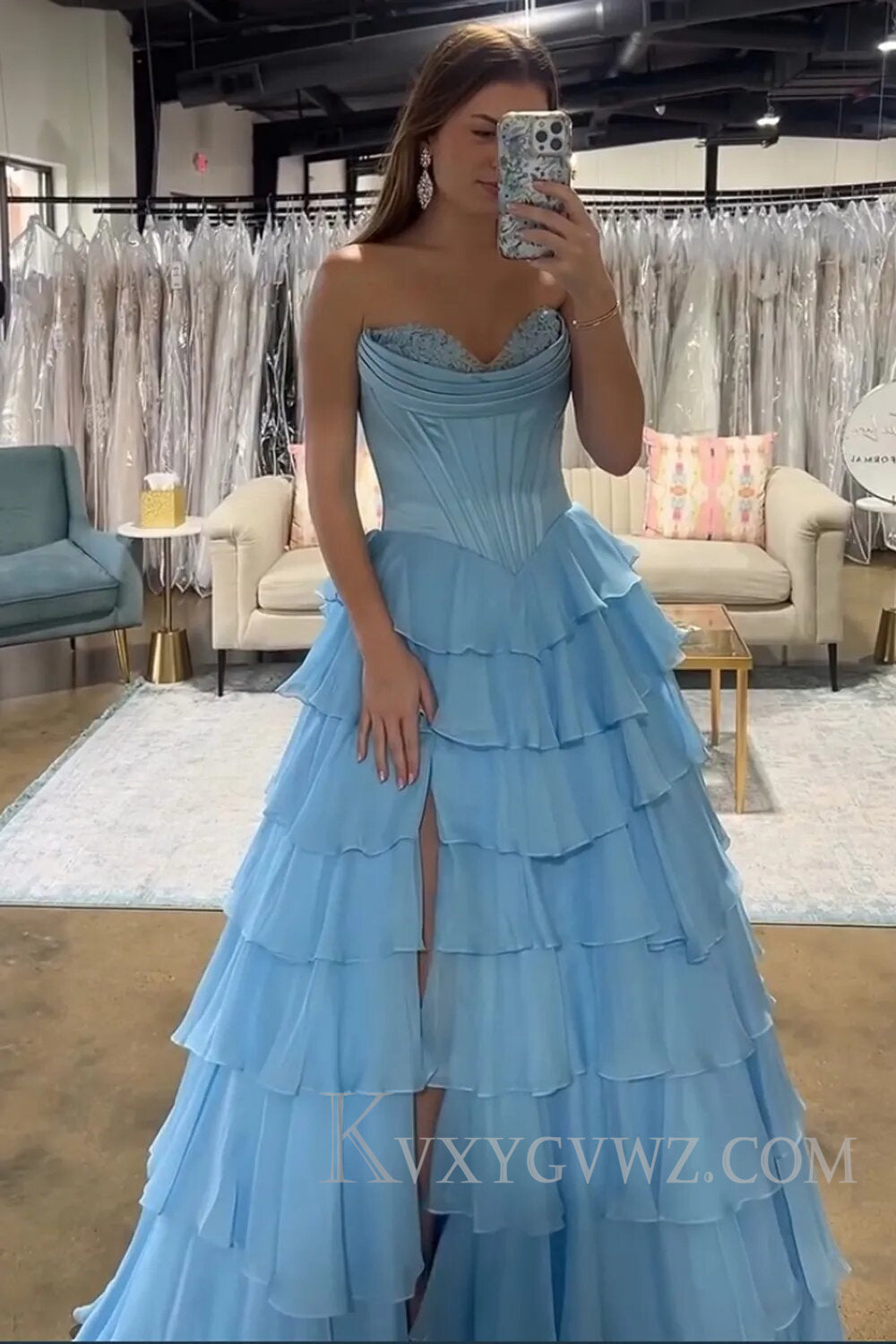 A Line Blue Strapless Tiered Corset Long Prom Dress LF126