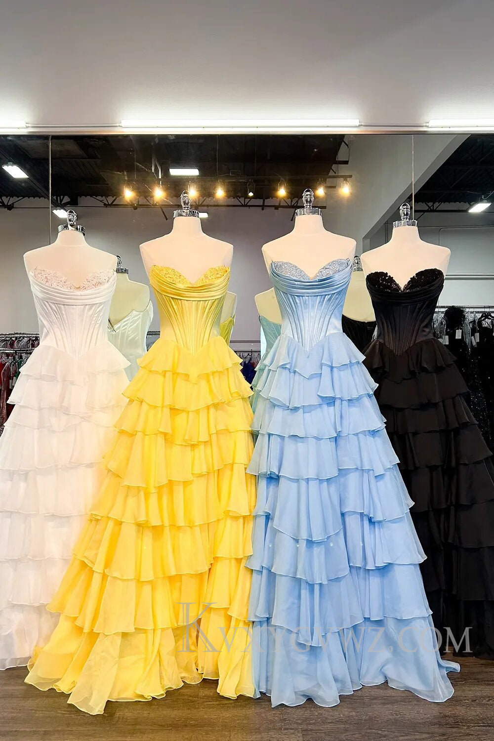 A Line Blue Strapless Tiered Corset Long Prom Dress LF126