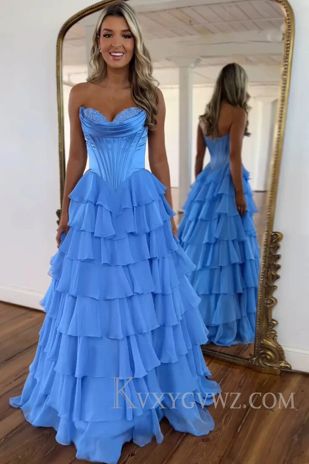 A Line Blue Strapless Tiered Corset Long Prom Dress LF126