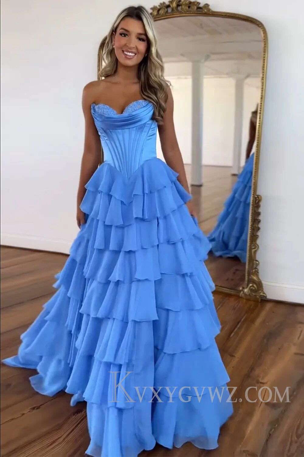 A Line Blue Strapless Tiered Corset Long Prom Dress LF126