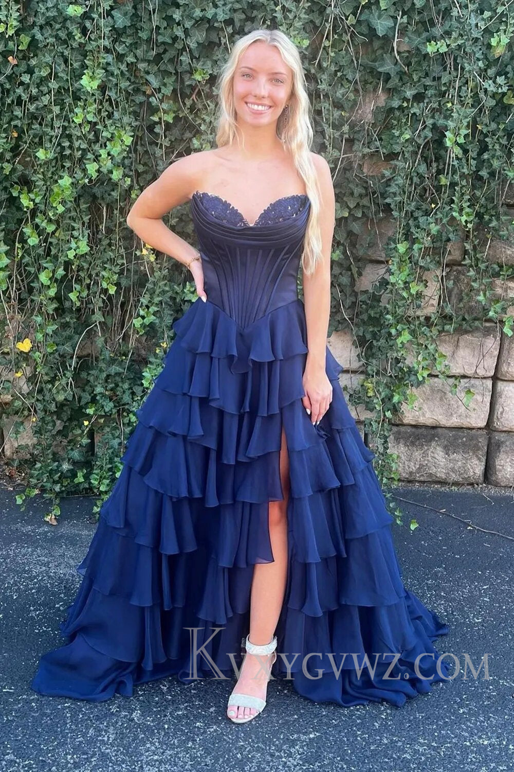 A Line Blue Strapless Tiered Corset Long Prom Dress LF126