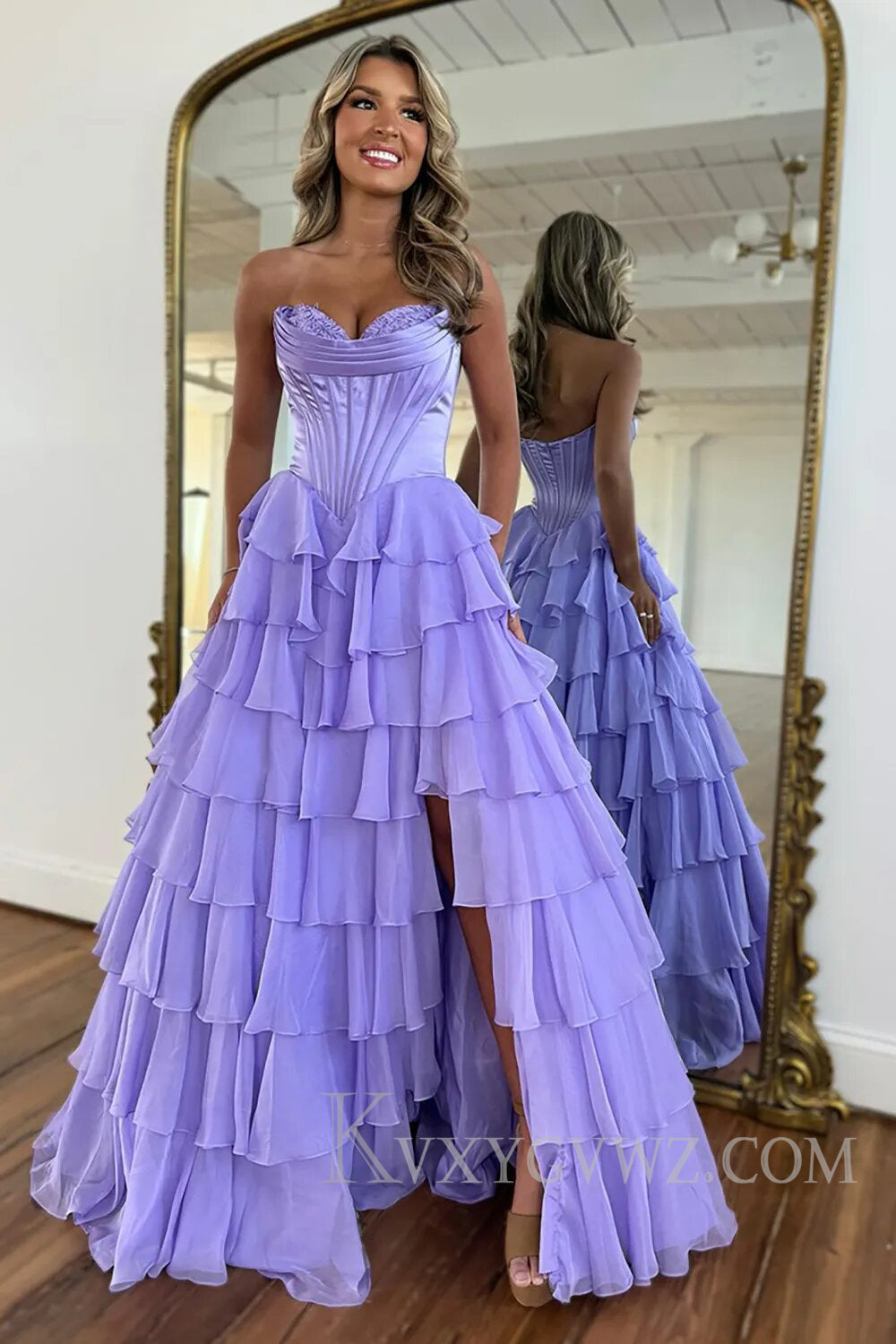 A Line Blue Strapless Tiered Corset Long Prom Dress LF126