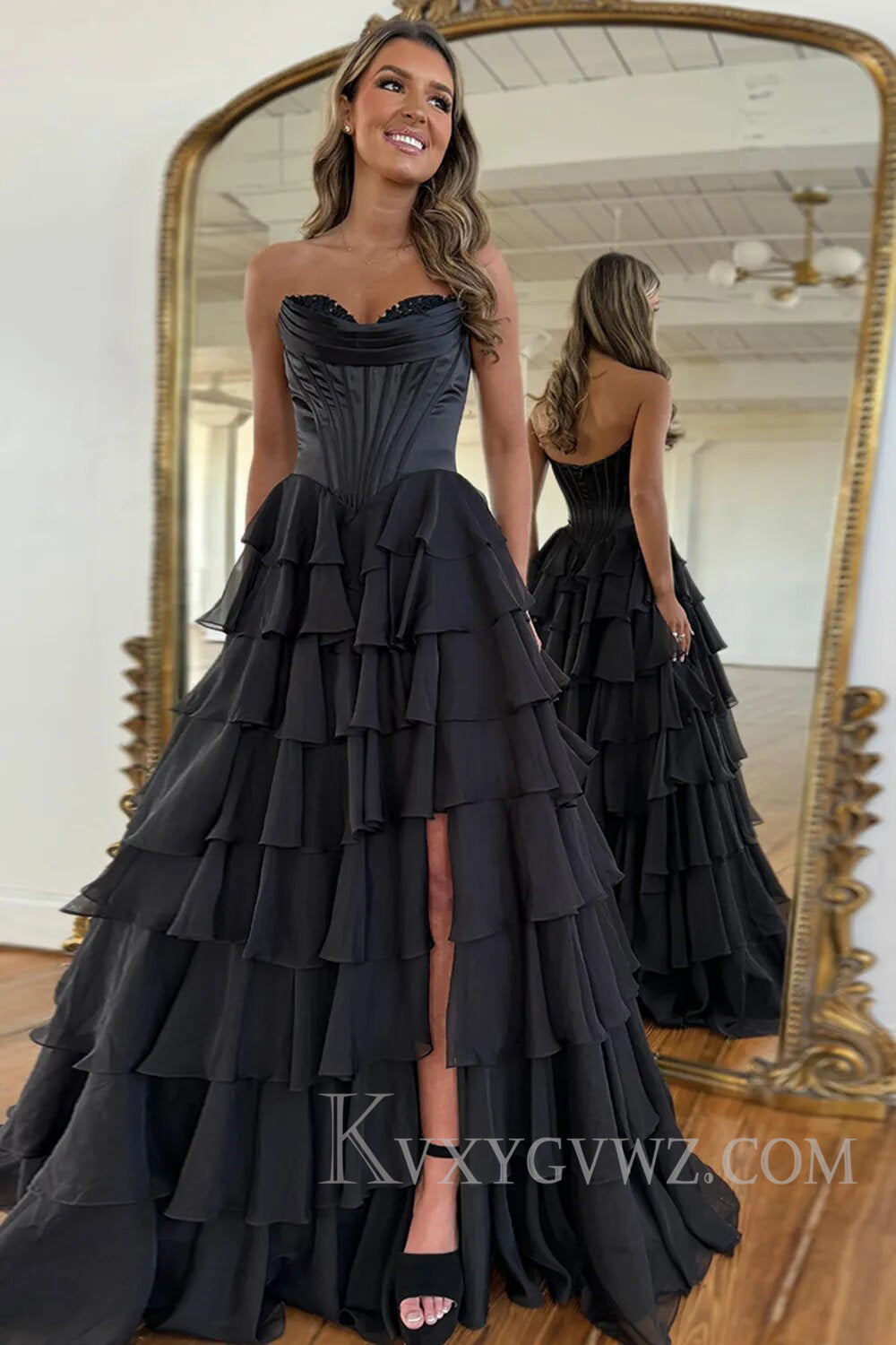 A Line Blue Strapless Tiered Corset Long Prom Dress LF126