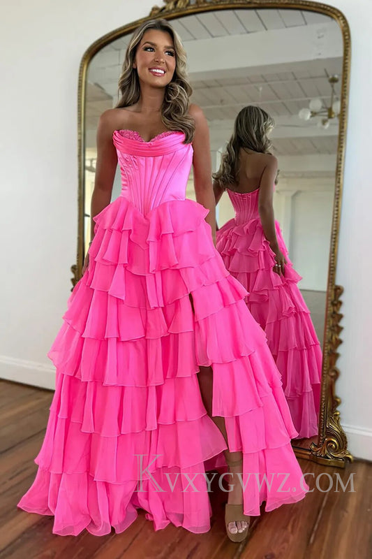 A Line Blue Strapless Tiered Corset Long Prom Dress LF126