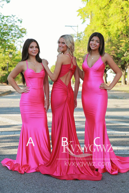 Dazzling Mermaid Satin Evening Gown Pink Long Prom Dress With Sweep Train LF1261