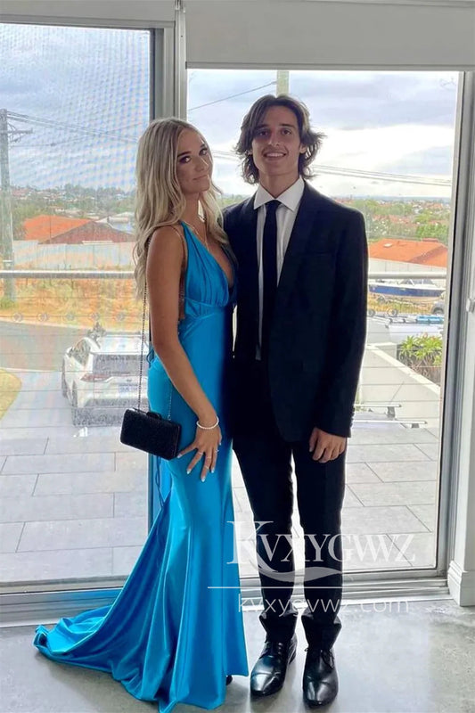 Elegant Mermaid Evening Gown Deep V Neck Royal Blue Satin Prom Dress LF1263