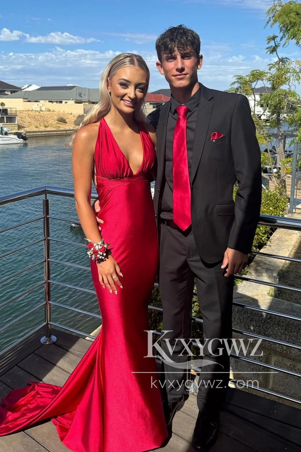 Elegant Mermaid Evening Gown Deep V Neck Royal Blue Satin Prom Dress LF1263