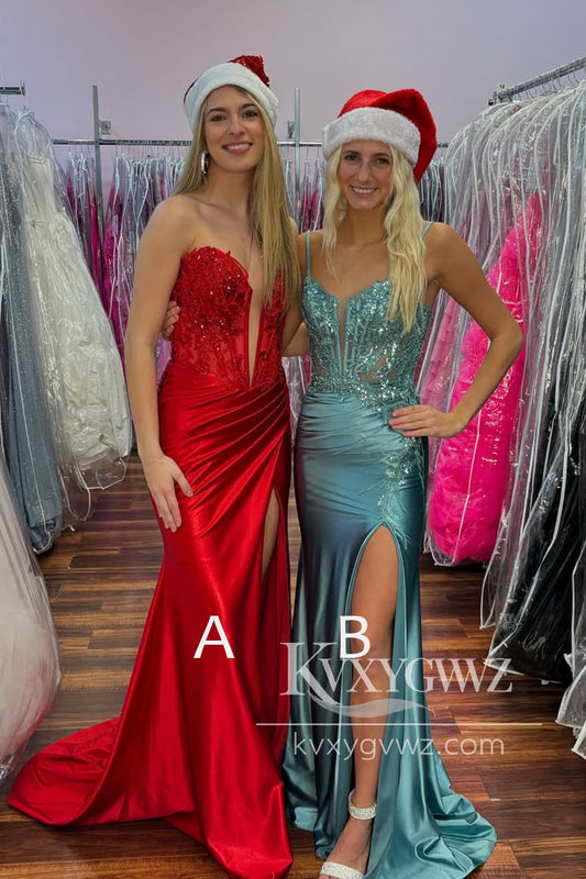 Glamorous Mermaid Sweetheart Evening Gown Red Conspicuous Satin Prom Dress with Appliques LF1264