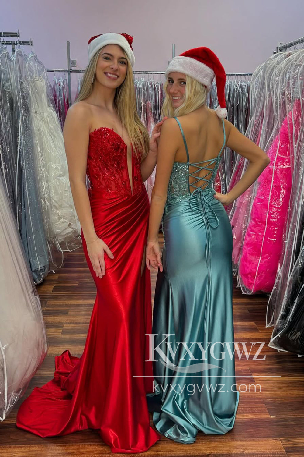 Glamorous Mermaid Sweetheart Evening Gown Red Conspicuous Satin Prom Dress with Appliques LF1264