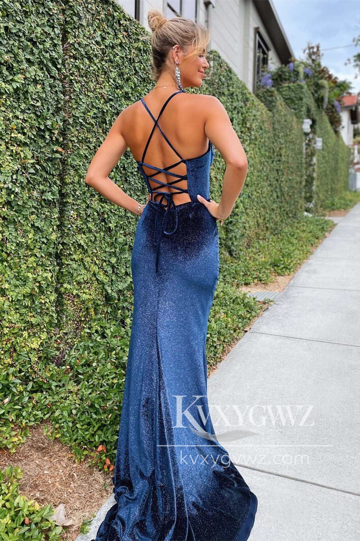Mermaid Navy Blue Velvet Long Evening Gown Formal Prom Dress with Slit LF1265