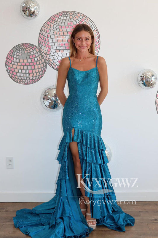 Dazzling Mermaid Evening Gown Scoop Neck Teal Tiered Conspicuous Satin Beading Prom Dress LF1266