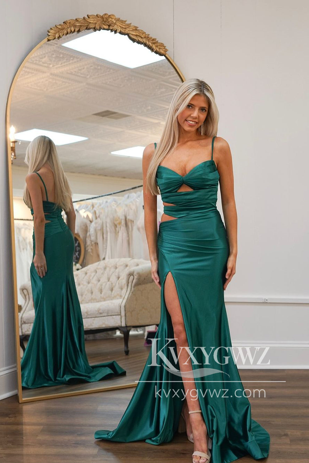 Glamorous Mermaid Evening Gown Sweetheart Green Satin Long Slit Prom Dress Gown LF1269