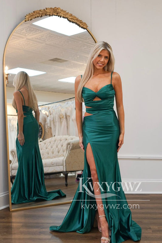 Glamorous Mermaid Evening Gown Sweetheart Green Satin Long Slit Prom Dress Gown LF1269