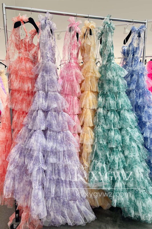 Fairy A Line V-Neck Evening Gown Coral Floral Print Layered Tulle Long Prom Dress with Slit LF1270