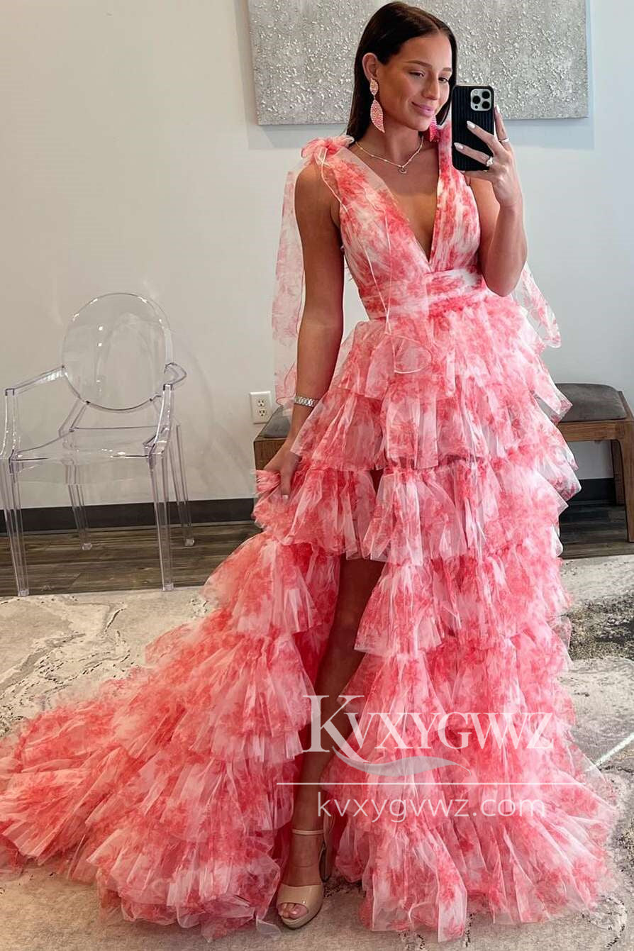 Fairy A Line V-Neck Evening Gown Coral Floral Print Layered Tulle Long Prom Dress with Slit LF1270