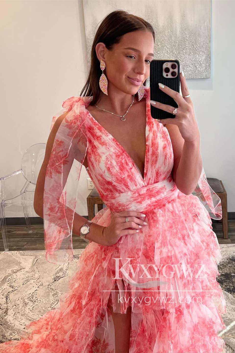 Fairy A Line V-Neck Evening Gown Coral Floral Print Layered Tulle Long Prom Dress with Slit LF1270