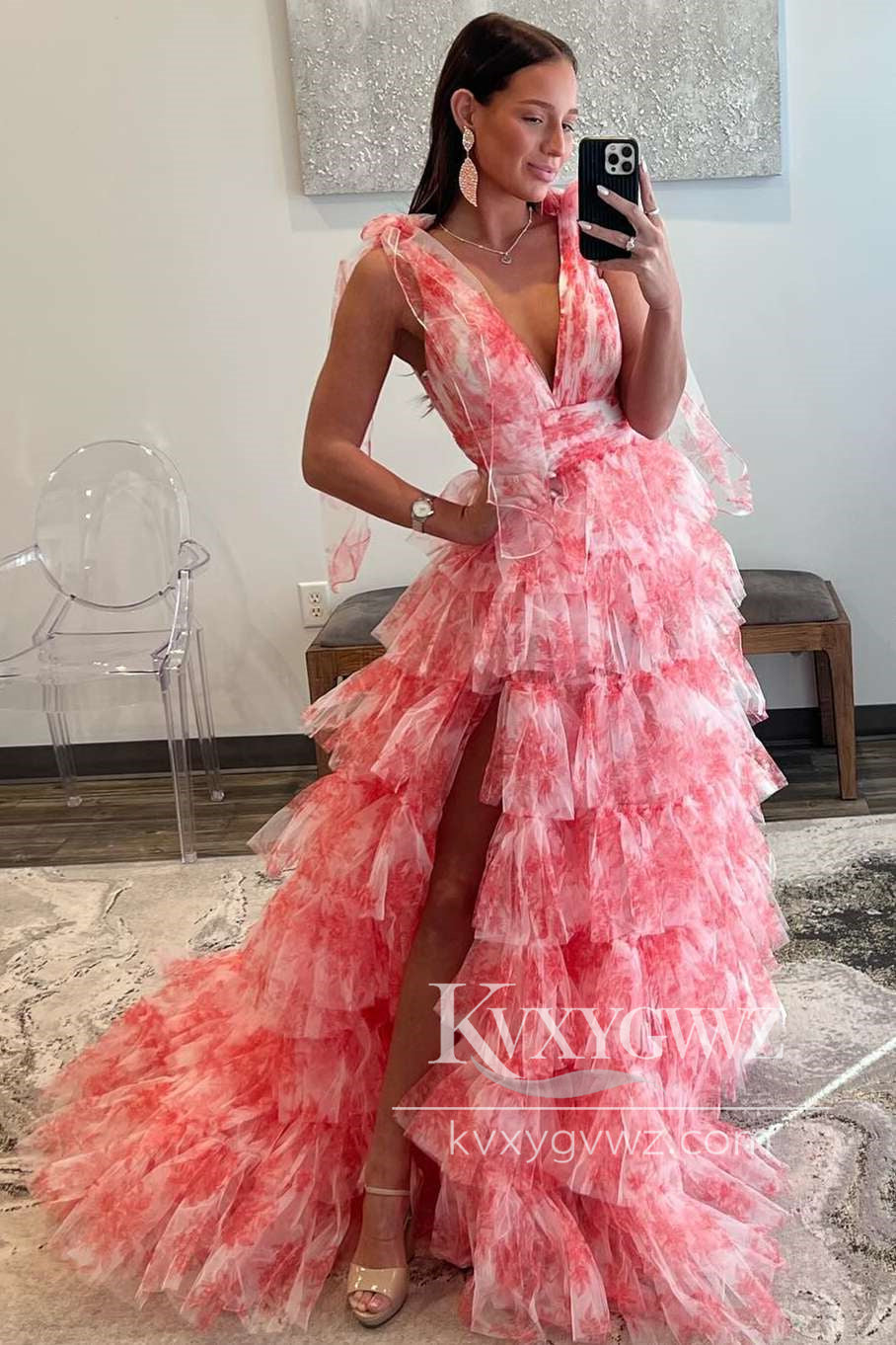Fairy A Line V-Neck Evening Gown Coral Floral Print Layered Tulle Long Prom Dress with Slit LF1270