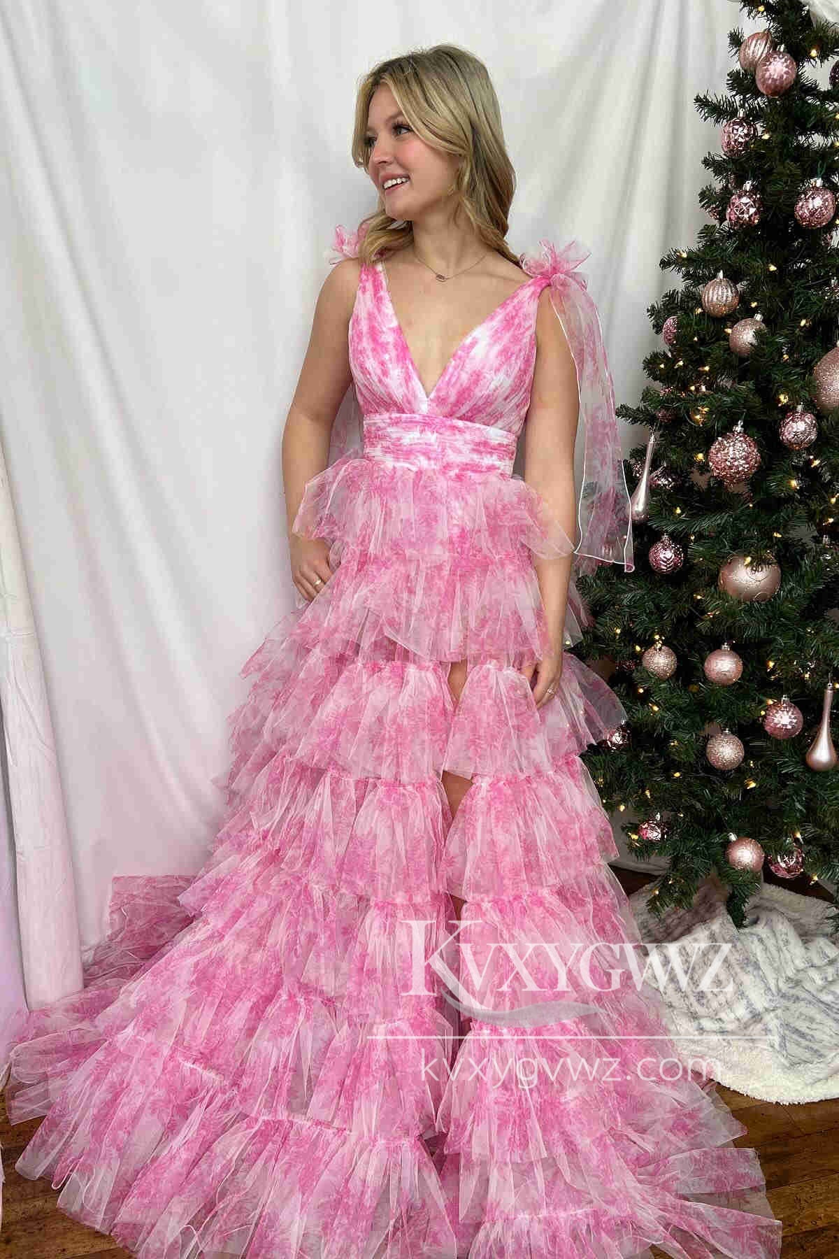 Fairy A Line V-Neck Evening Gown Coral Floral Print Layered Tulle Long Prom Dress with Slit LF1270